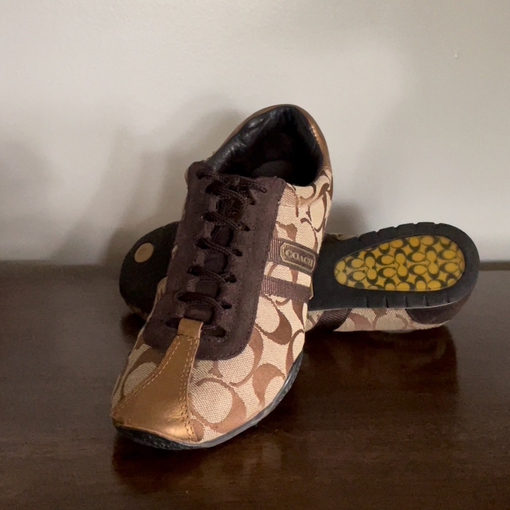 Coach leatherware sneakers leather suede brown tan gold logo - Picture 2 of 16